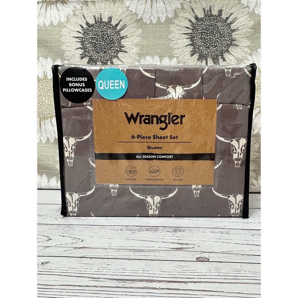 Wrangler Queen 6-Piece Sheet Set Gray/White Steer Head Skull Western